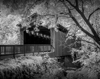Infrared Photograph, Covered Bridge, Wooden Bridge, Thornapple River, Ada Michigan, Fine Art Photograph, Black & White, Sepia Tone