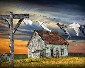 Country Living Laundry Clothesline: Rustic Charm for Your Homestead, Rural Landscape Home Decor, Nostalgic Picturesque Prairie Photograph