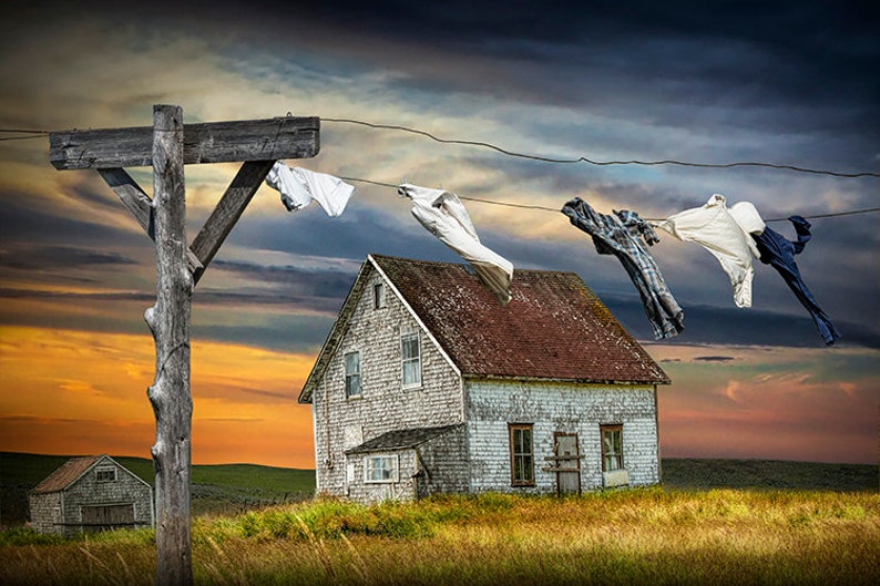 Country Living Laundry Clothesline: Rustic Charm for Your Homestead, Rural Landscape Home Decor, Nostalgic Picturesque Prairie Photograph image 1