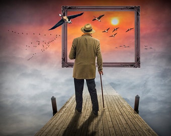 Dreams so Real, Surreal Art, Fantasy Photograph, Man with Hat and Cane, Boat Dock, Sunset Clouds, Flying Geese, Picture Frame, Walk in Cloud