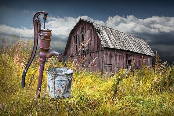 Rustic Barn Photo Print: Vintage Water Pump, Americana Farmhouse