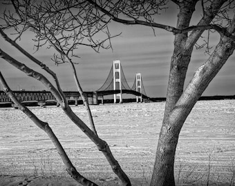 Mackinac Bridge, Winter at the Straits, Mackinaw City, Lake Michigan, Lake Huron, Michigan Landscape, Upper Peninsula, Wall Decor Photograph