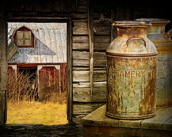 Wall Decor of Rustic Milk Cans with Red Barn, Creamery Can, Dairy Farm, Still Life Photograph, Rural Farm Art, Country Scene, Barn Window