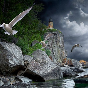 Split Rock Lighthouse, Lake Superior Shore, Fleeing Gulls, Storm Clouds, Minnesota Photography, Fine Art Seascape, Lighthouse Photography image 1
