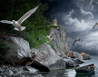 Split Rock Lighthouse, Lake Superior Shore, Fleeing Gulls, Storm Clouds, Minnesota Photography, Fine Art Seascape, Lighthouse Photography