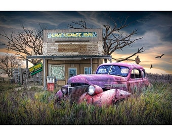 Deserted Ghost Gas Station with Abandoned Auto, Auto Junkyard Landscape Wall Decor, Petrol Pumps, Fine Art Photograph, Americana Car Print