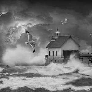 Lightning Thunder Storm on the Great Lakes by Red Lighthouse, Great Seascape Wall Decor Photo with Storm Waves, Nautical Seascape Art Print image 7