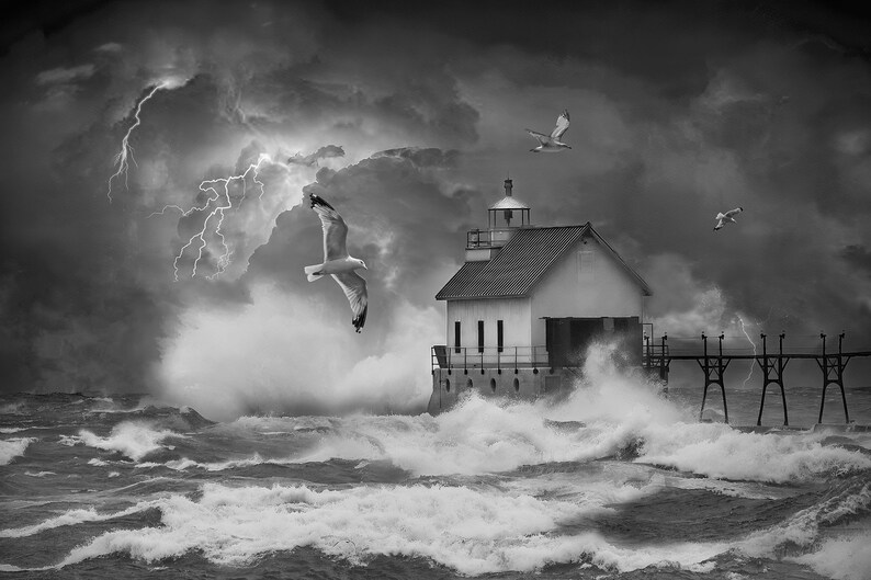 Lightning Thunder Storm on the Great Lakes by Red Lighthouse, Great Seascape Wall Decor Photo with Storm Waves, Nautical Seascape Art Print image 7