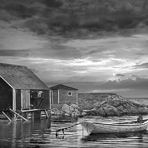 Peggy's Cove Sunset Print: Nova Scotia Harbor Seascape Wall Art Black and White