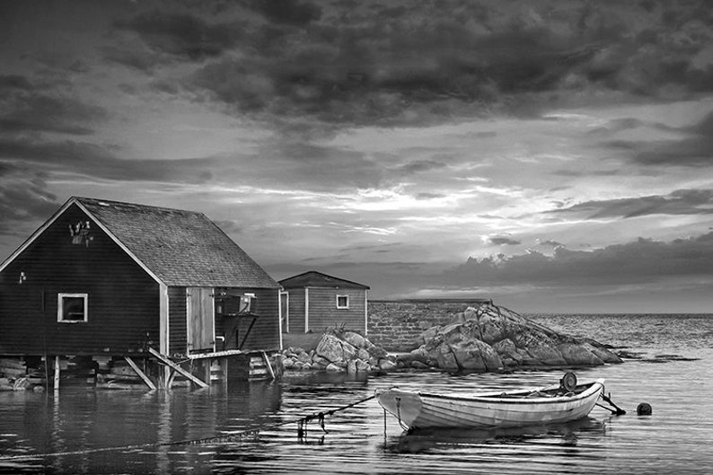 Peggy's Cove Sunset Print: Nova Scotia Harbor Seascape Wall Art Black and White