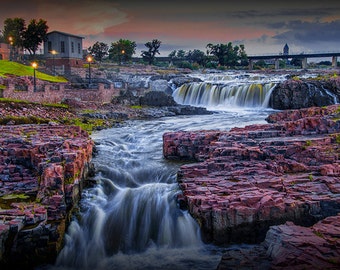 Falls Park Cascading Water at Sunset in Sioux Falls South Dakota No.53 - A Fine Art Nature Landscape Photograph