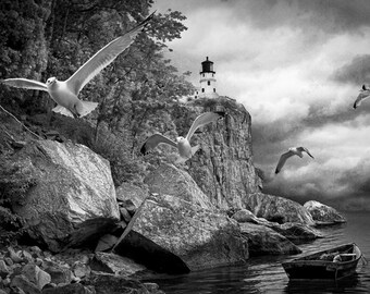 Gulls Fleeing the Coming Storm at Split Rock Lighthouse on Lake Superior in Minnesota A Black and White Fine Art Photograph, Classic B&W