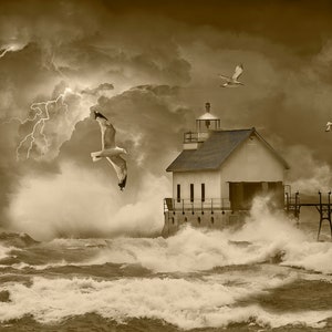 Lightning Thunder Storm on the Great Lakes by Red Lighthouse, Great Seascape Wall Decor Photo with Storm Waves, Nautical Seascape Art Print image 8