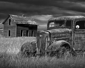 Abandoned Farm House and Rusty Pickup Truck on the Prairie in Black and White with the Decline of the Small Farm No.7 Landscape Photography