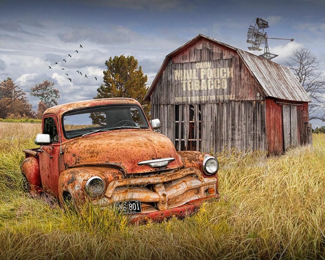 Mail Pouch Tobacco Barn With Abandoned Red Pickup, Americana Photograph Scene With Weathered Red