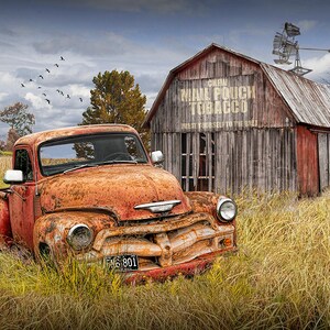 Mail Pouch Tobacco Barn with Abandoned  Red Pickup, Americana Photograph Scene with Weathered Red Barn, Rural Country Landscape, Rustic Art