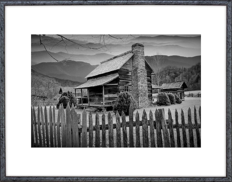 Appalachian Mountain Cabin by Smoky Mountain National Park in North Carolina, Black and White Fine Art Landscape Photograph, Home Wall Art image 2