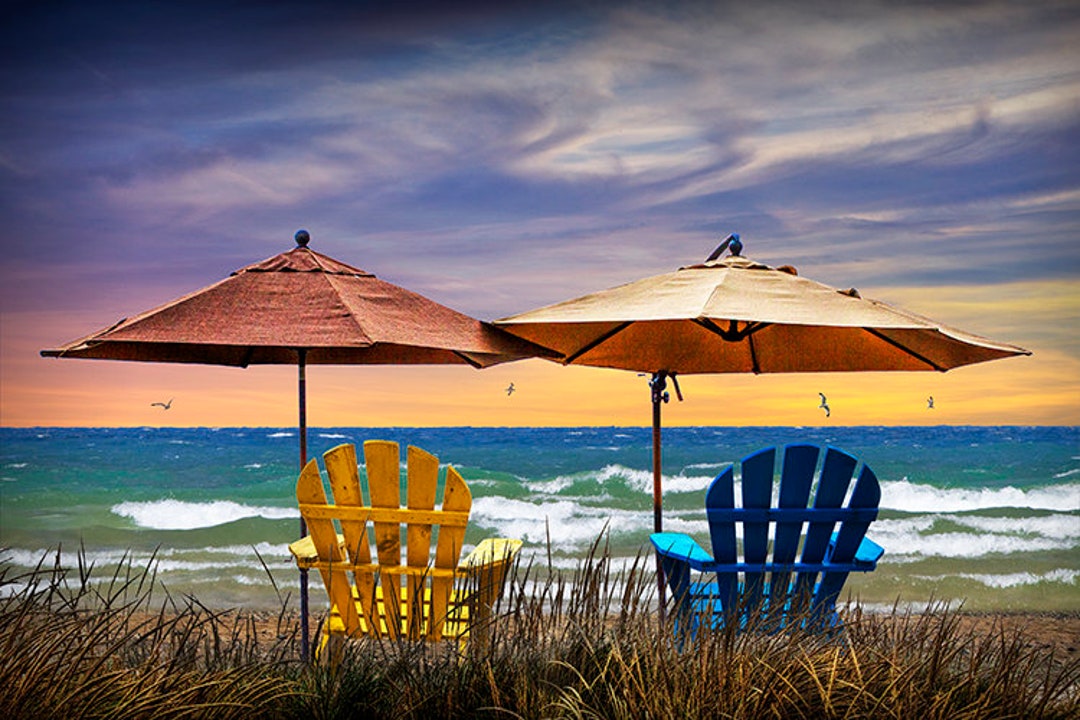 Adirondack Chairs Sunset Beach Print: Lake Michigan Coastal Decor