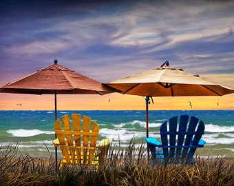 Adirondack Chairs on the Beach at Sunset, Holiday Vacation Resort Sunset, Lake Michigan, Sandy Beach, Lake Shore, Sunrise Cottage Decor