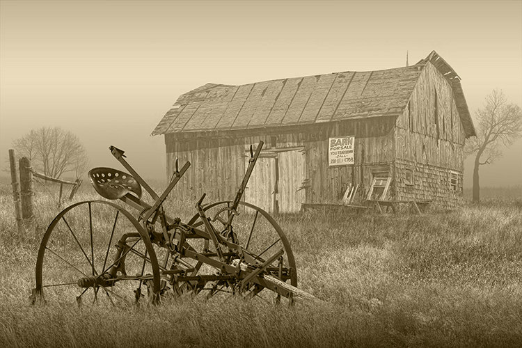 Foggy Farm Morning Print: Rustic Barn, Vintage Rake Landscape - Etsy