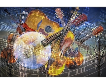 Bluegrass Music Art Print: Banjo, Guitar, Fiddle - Americana Roots