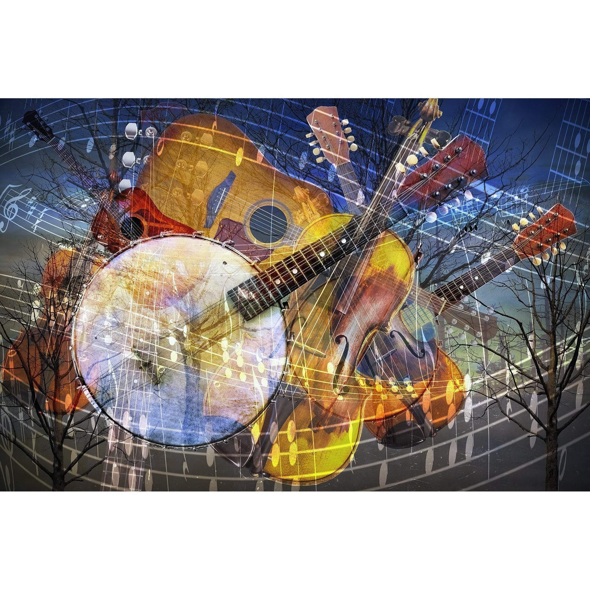 Bluegrass Music Art Print: Banjo, Guitar, Fiddle - Americana Roots