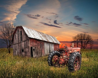 Abandoned Tractor, Farmall Tractor, Forlorn Barn, Michigan Landscape, Fine Art Photograph, Wall Decor, Agricultural Photograph, Red Sunset