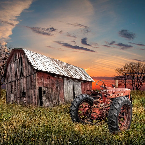 Farm Wall Art with Abandoned Red Tractor and Weathered Barn at Sunset, Farmhouse Wall Decor, Fine Art Photograph, Canvas Wraps, Metal Prints