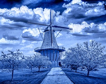 Delft Blue version of the Dutch Windmill the De Zwaan on Windmill Island in Holland Michigan No.BL112 - A Fine Art Landscape Photograph