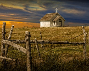 Old Rural Country Church at Sunset on the Prairie in South Dakota at 1880 Town No.353 a Fine Art Landscape Photography