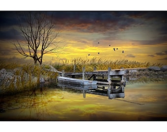 Row Boat Docked at Sunset, Peaceful Tranquil Scenic Landscape, Evening Sky with Reflections and Flying Geese, Sepia Tone, Black and White