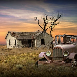 Americana Sunset Photograph: Abandoned Car, Prairie Farmhouse Rustic Wall Decor