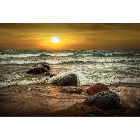 Lake Michigan Sunset Photograph: Sturgeon Bay Seascape, Rustic Cottage Decor