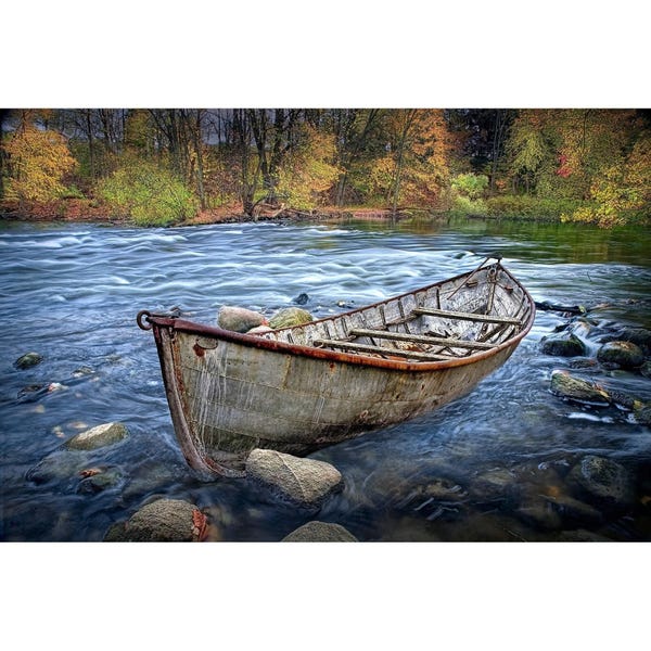Fotografía de paisaje otoñal en canoa fluvial: West Michigan Fall Fine Art