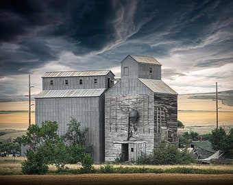 Prairie Grain Elevator Landscape with Cloudy Sky, A Fine Art Farming Agricultural Photograph, Americana Rural Barn Elevator, Canvas Wraps