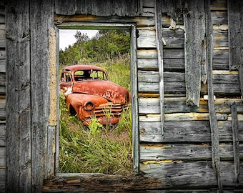 Ravages of Time Wall Decor with Rusted Abandoned Auto seen through Weathered Wood Window, A Rustic Fine Art Landscape in Ontario Canada