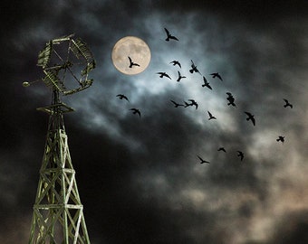 Windmill Art, Moon Light, Flock of Birds, Gothic, Cloudy Sky, Farm Windmill, Fine Art Landscape, Bird Fantasy, Surreal Photography, Dream