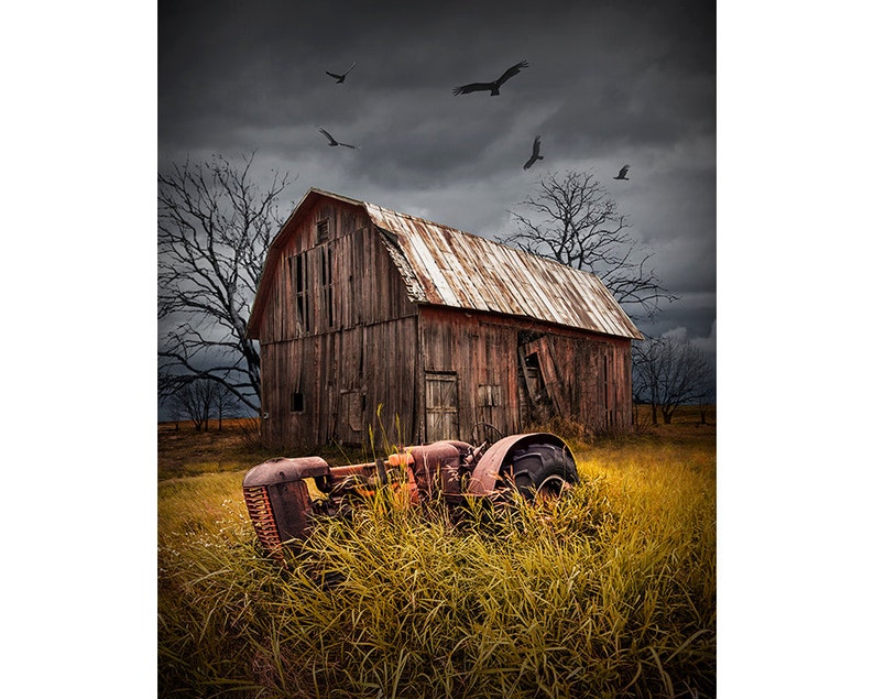 The Death of a Small Midwest Farm with abandoned Barn and Tractor below Circling Vultures No.1213 A Fine Art Agricultural Photograph image 1