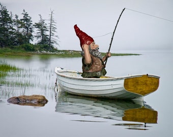 Gnome Fisherman Art Print: Surreal Lake Scene in White Boat