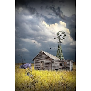 Americana Farmhouse Print: Vintage Windmill, Prairie Landscape Wall Art