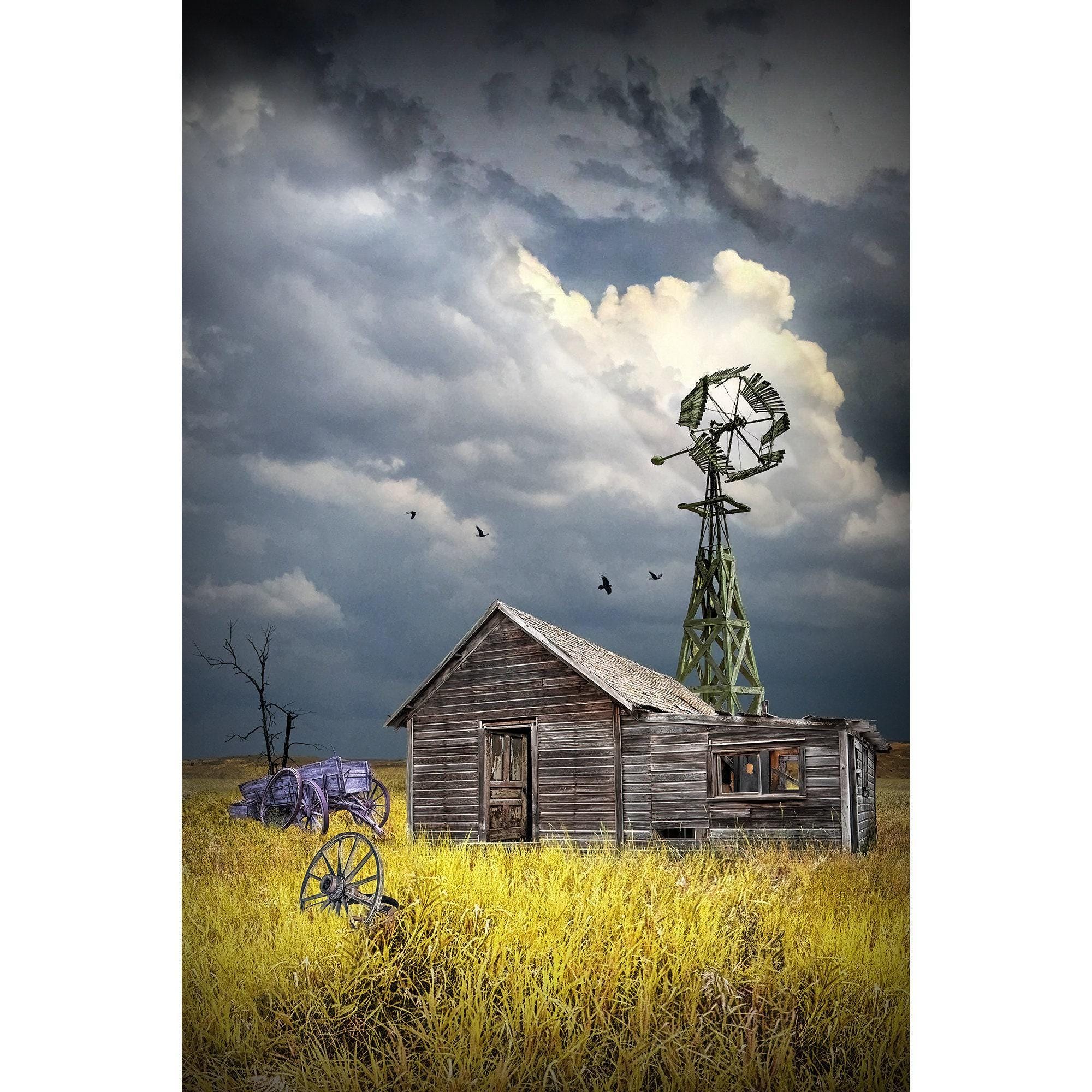 Americana Farmhouse Print: Vintage Windmill, Prairie Landscape