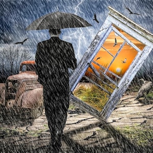 Surreal Thunderstorm Art Print: Man with Umbrella, Beach Sunset image 2