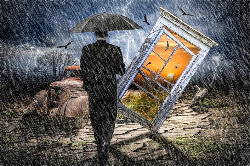 Surreal Thunderstorm Art Print: Man with Umbrella, Beach Sunset image 2