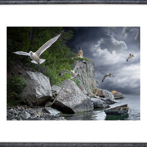 Split Rock Lighthouse, Lake Superior Shore, Fleeing Gulls, Storm Clouds, Minnesota Photography, Fine Art Seascape, Lighthouse Photography image 2