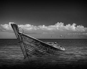 Wood Boat, Row Boat, Vintage Ship, Flying Gulls, Shallow Water, Fine Art, Black and White, Sepia Tone, Nautical Seascape, Boat Photography