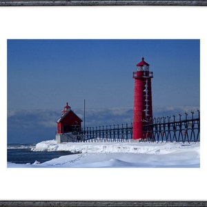 Winter at the Red Lighthouse in Grand Haven Michigan on the Snow Covered Lake Michigan Shore No.0111 A Fine Art Seascape Photograph image 2