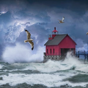 Lightning Thunder Storm on the Great Lakes by Red Lighthouse, Great Seascape Wall Decor Photo with Storm Waves, Nautical Seascape Art Print image 2