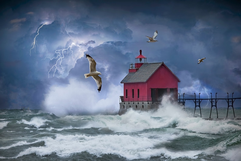 Lightning Thunder Storm on the Great Lakes by Red Lighthouse, Great Seascape Wall Decor Photo with Storm Waves, Nautical Seascape Art Print image 2