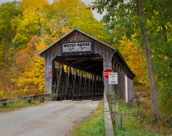 Historical Whites Covered Bridge, Wooden Covered Bridge, Michigan Landscape, Flat River in Fall, Lowell Michigan, Fine Art Autumn Photograph