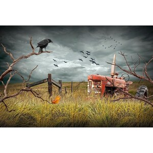 Autumn Tractor Print: Rural Americana Landscape with Geese and Crow